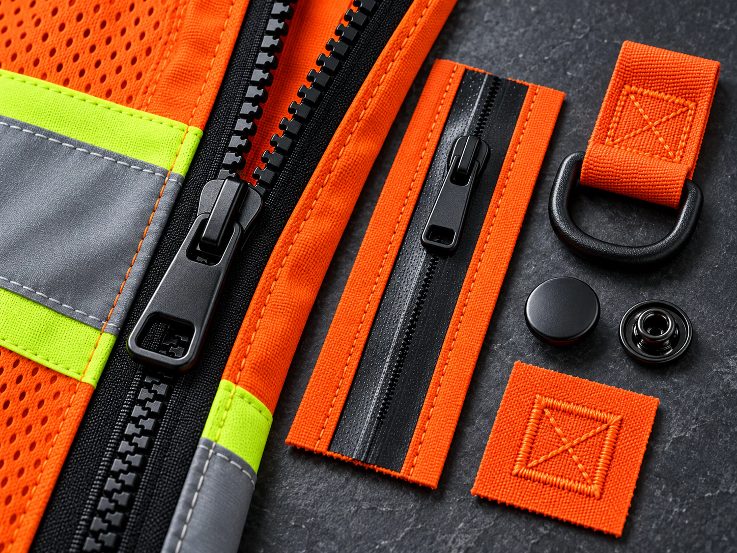 Workwear zipper and hardware details