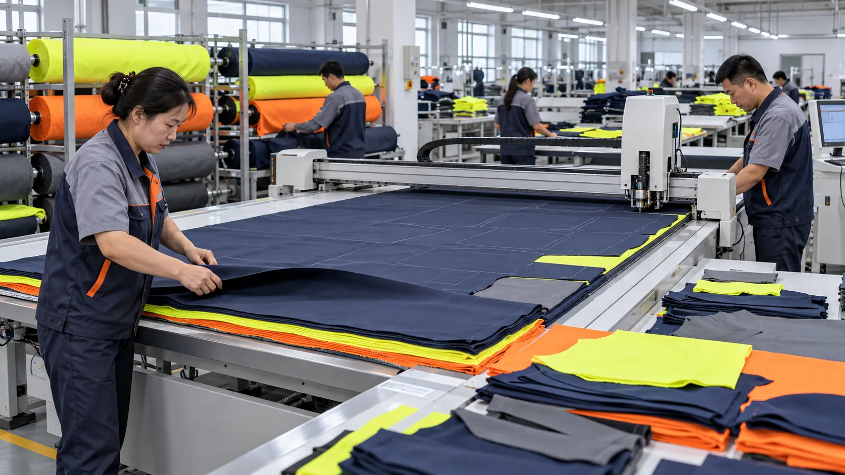 Workers preparing navy and fluorescent fabric layers on a cutting table