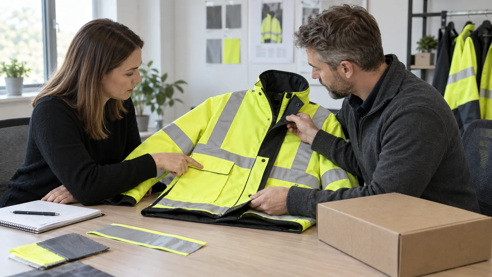 Buyer and product specialist reviewing a hi-vis jacket and reflective trim samples