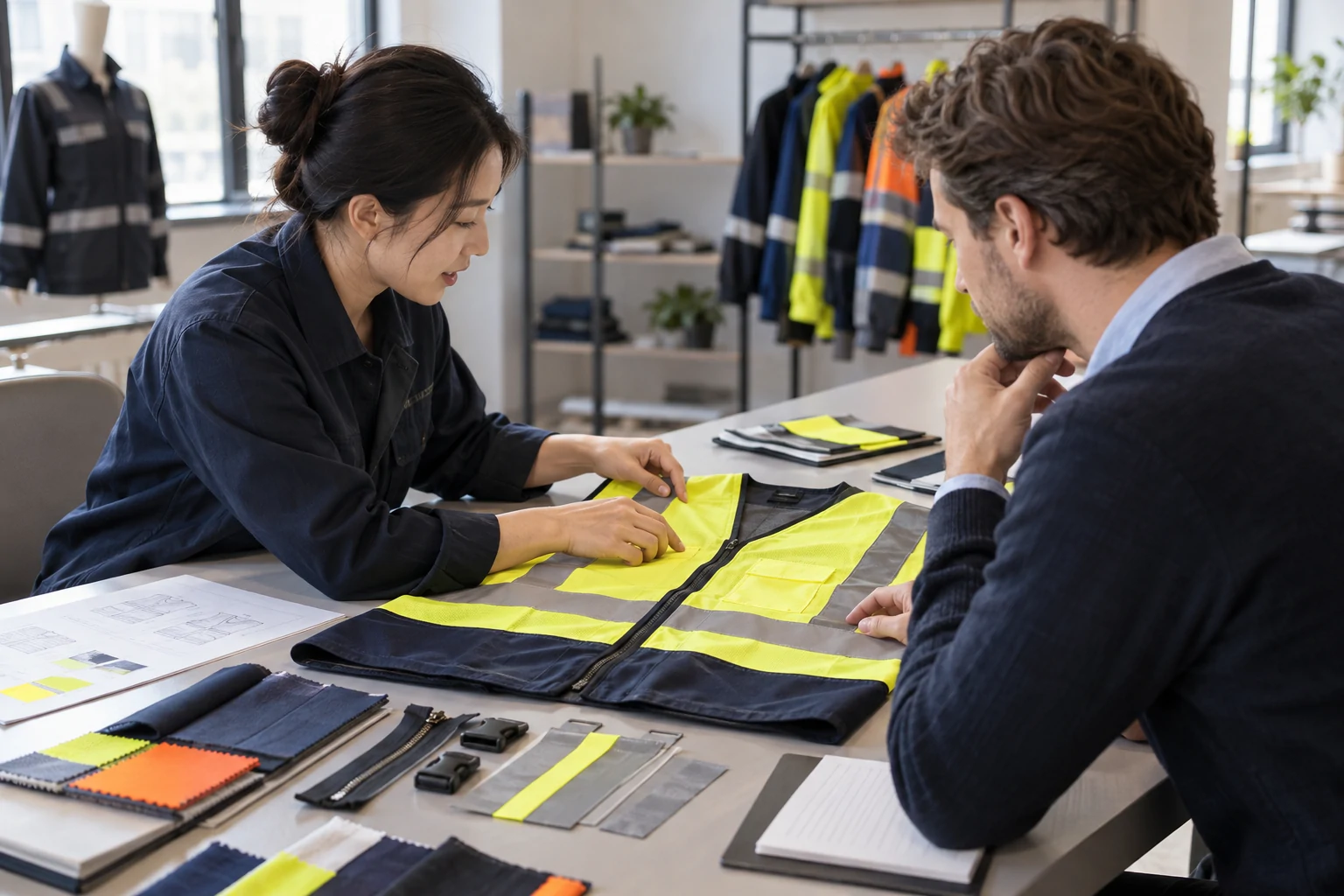 Workwear product specialist and buyer reviewing a reflective garment and material options