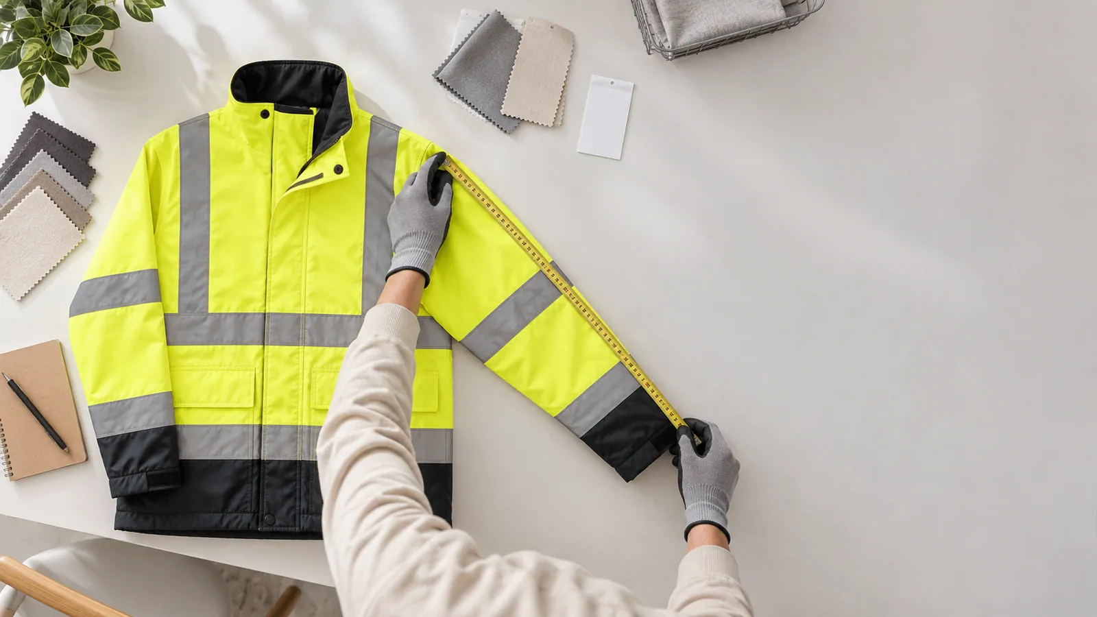 Hi-vis jacket sleeve being measured on a worktable with material swatches