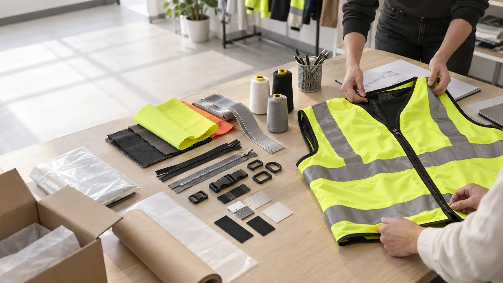 Hi-vis vest, trims, hardware and fabric swatches on a garment development table