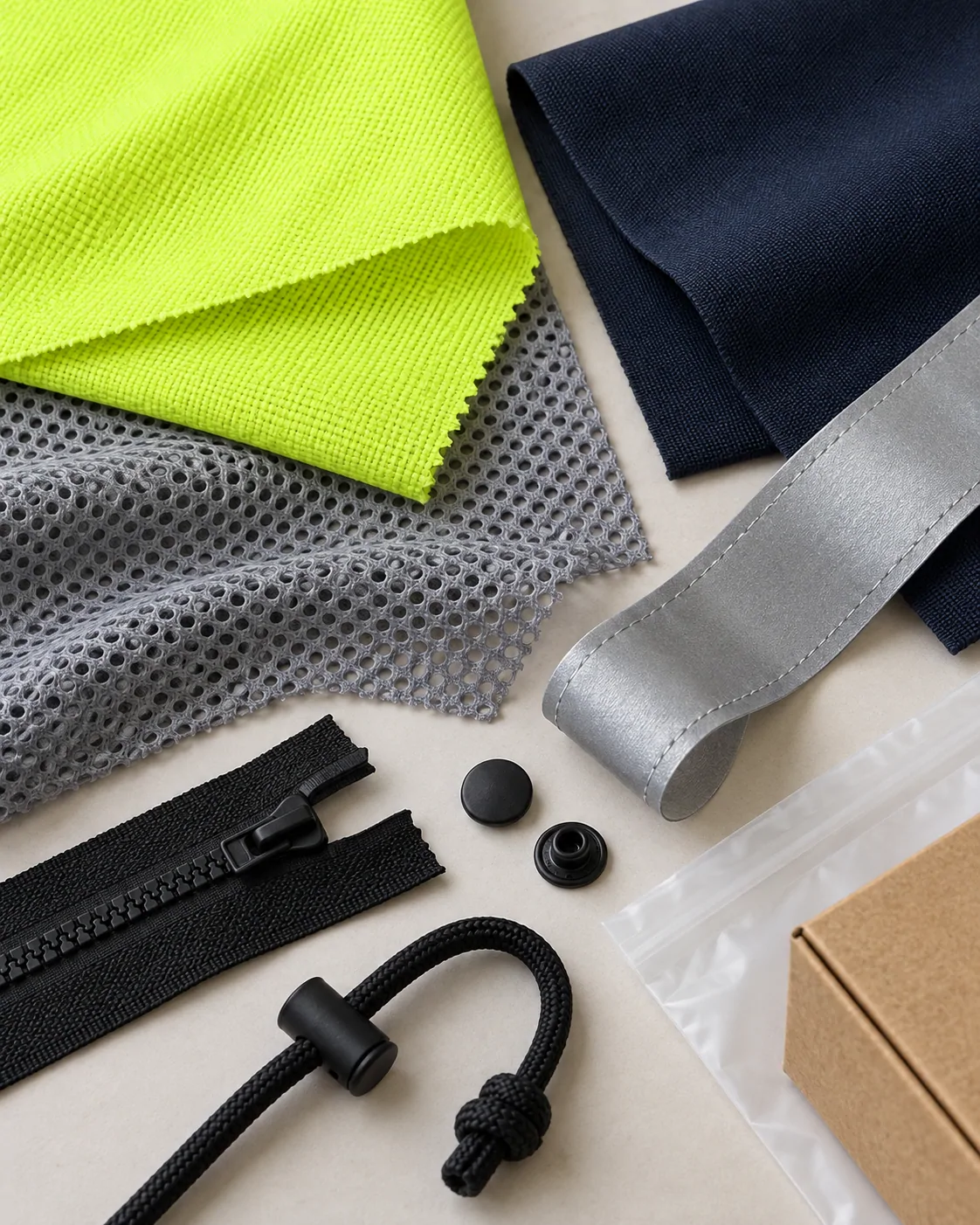 Unbranded fabrics, reflective trims, closures and labels arranged for specification review