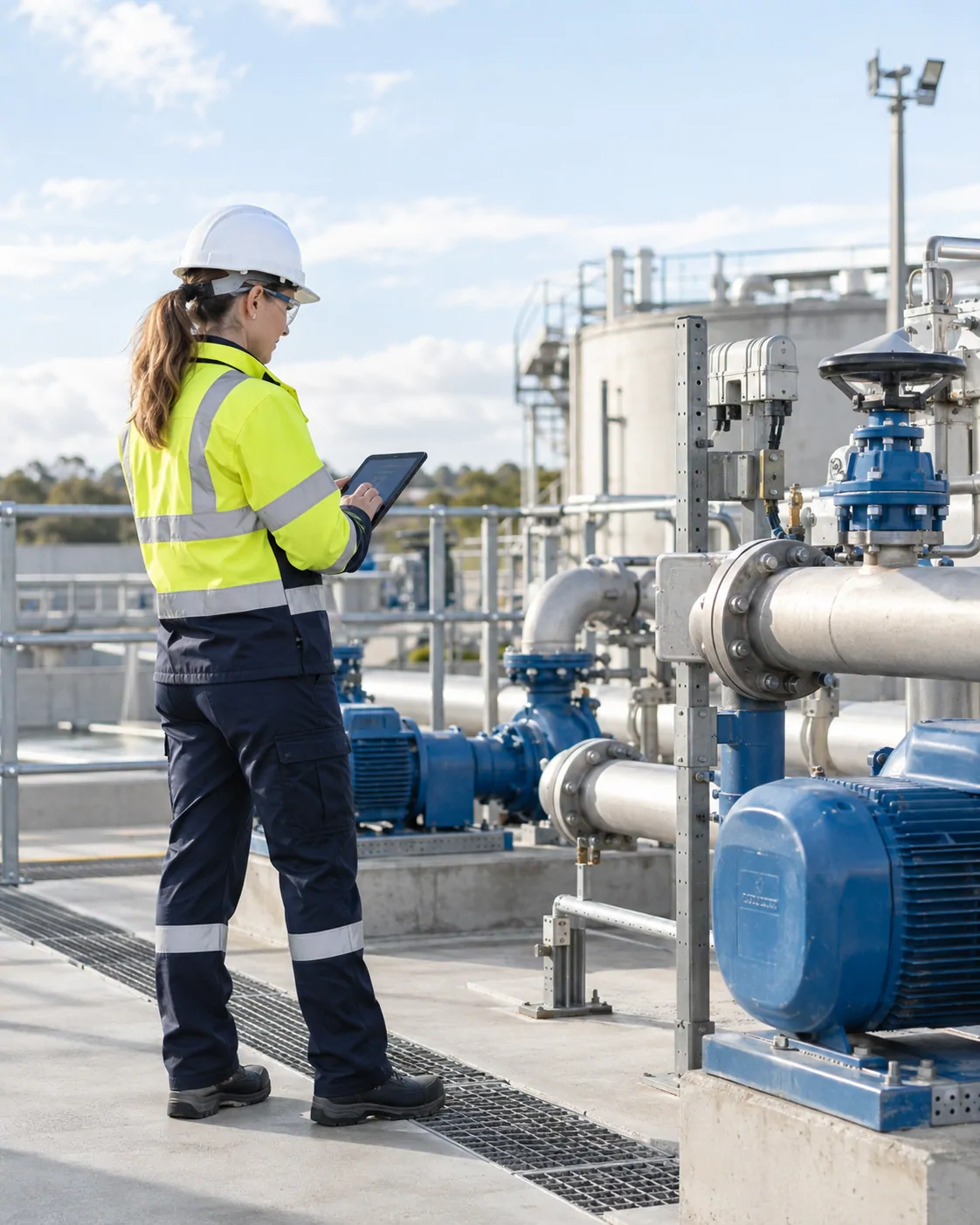Woman technician in hi-vis workwear using a tablet at an industrial site