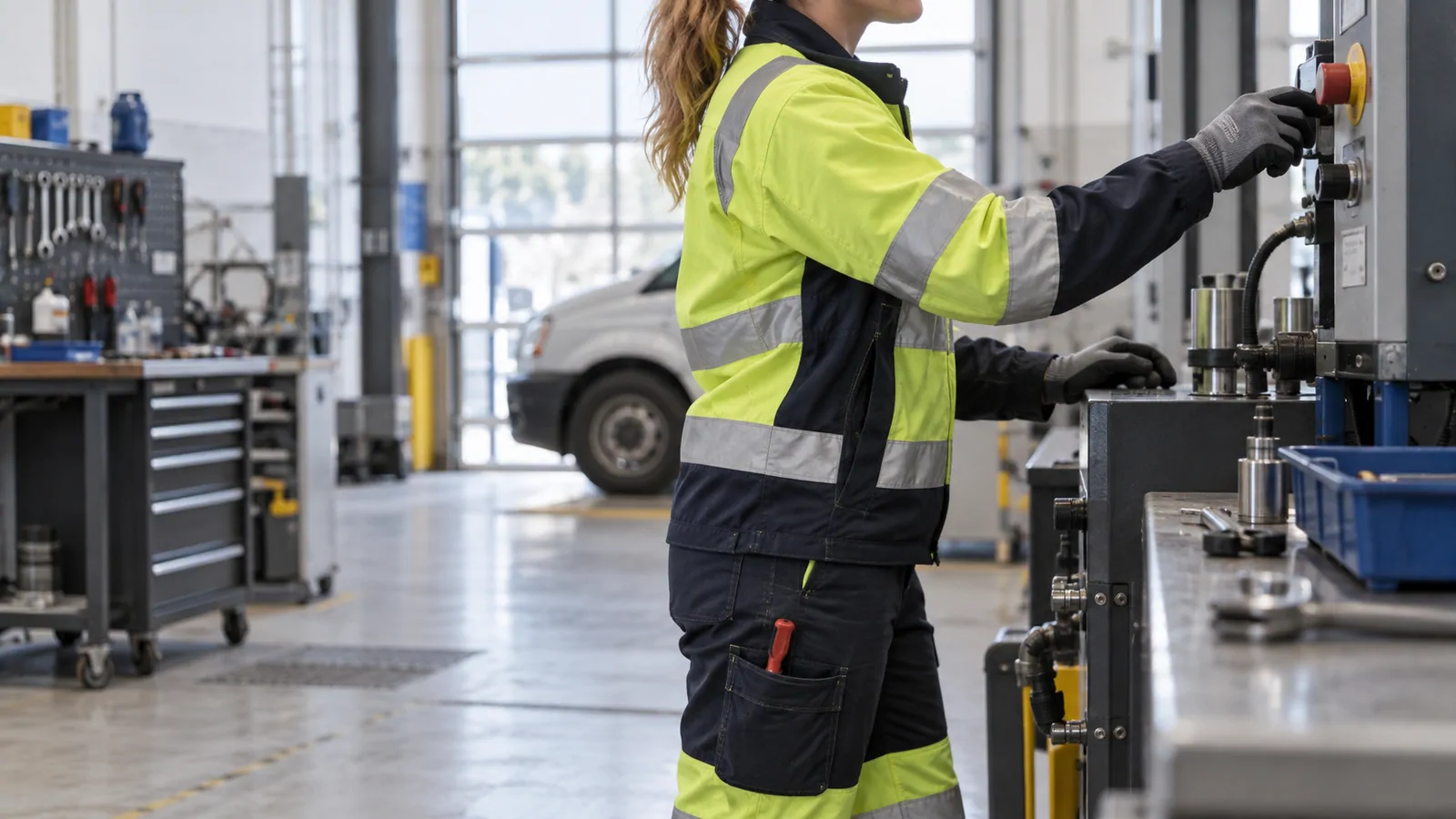 Woman field technician reaching naturally while wearing workwear