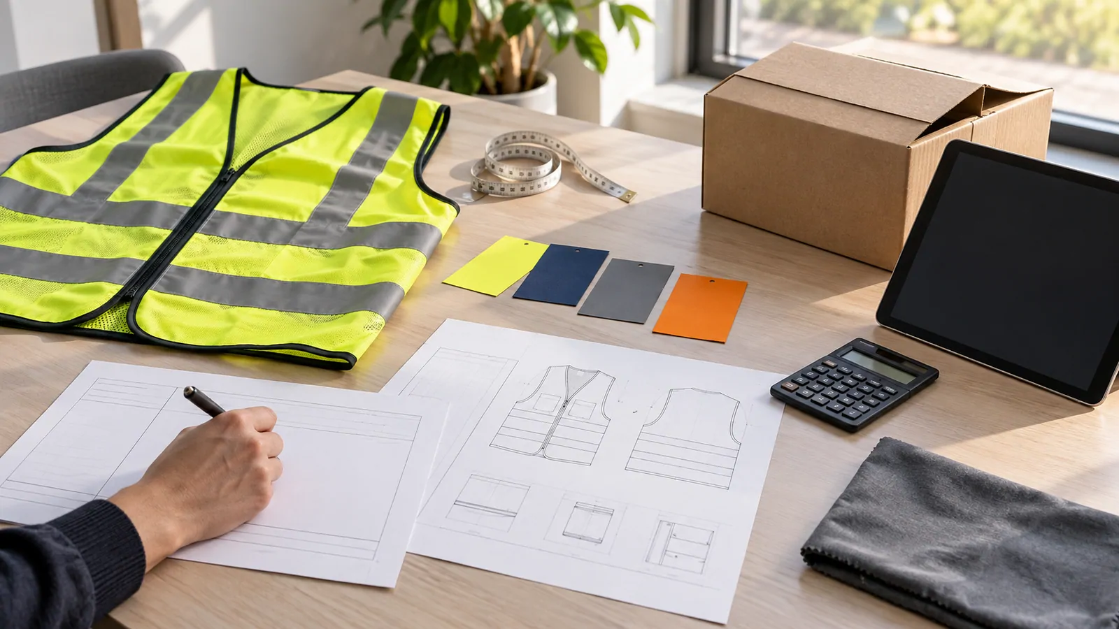 Hi-vis vest, garment sketches, colour swatches and a buyer brief prepared for review